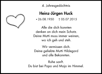 Traueranzeige von Heinz-Jürgen Huck von Wochen-Anzeiger Oberhausen
