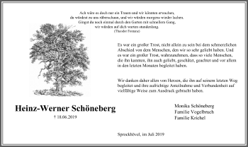 Traueranzeige von Heinz-Werner Schöneberg von Stadtspiegel Hattingen/Niedersprockhövel