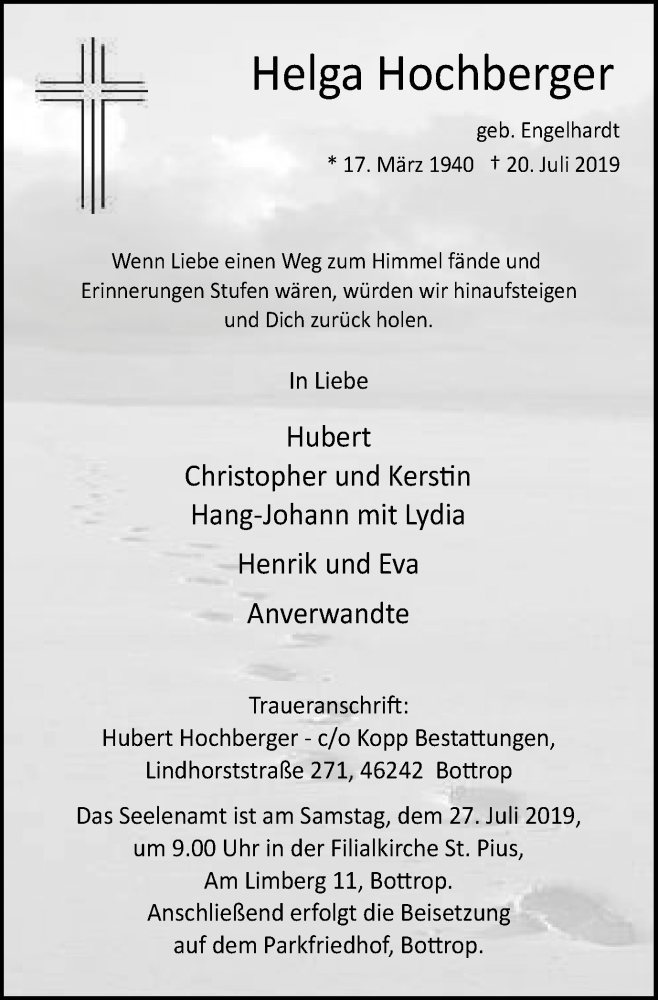  Traueranzeige für Helga Hochberger vom 27.07.2019 aus Stadtspiegel Bottrop