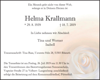 Traueranzeige von Helma Krallmann von Stadtanzeiger Velbert + Heiligenhaus