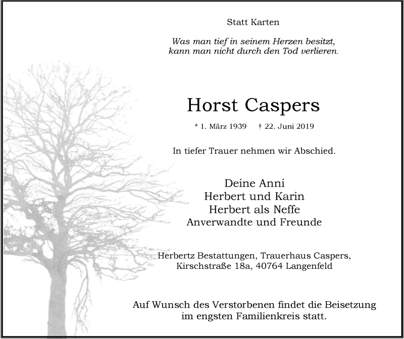  Traueranzeige für Horst Caspers vom 03.07.2019 aus Wochen-Anzeiger Langenfeld/Monheim/Hilden