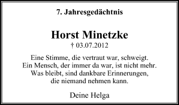 Traueranzeige von Horst Minetzke von Mülheimer Woche