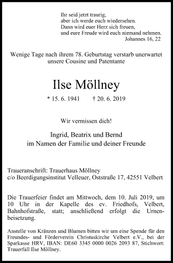 Traueranzeige von Ilse Möllney von Stadtanzeiger Velbert + Heiligenhaus