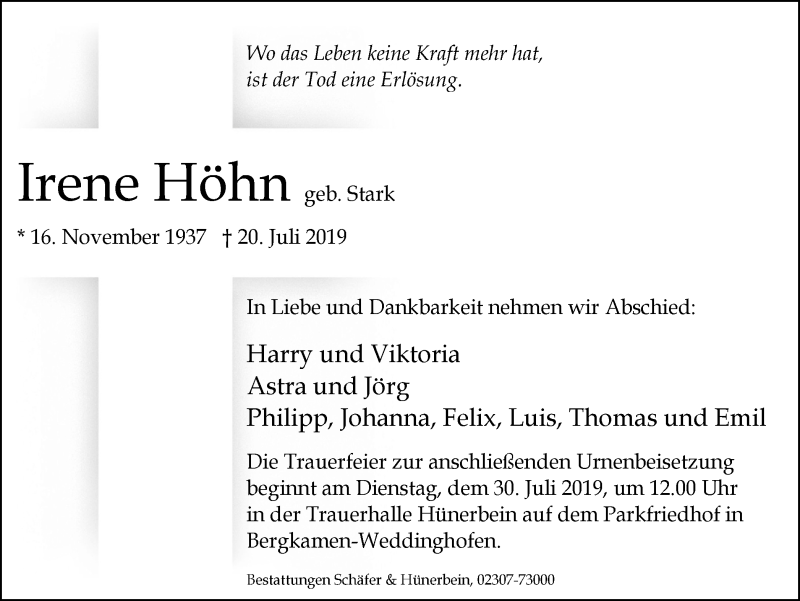  Traueranzeige für Irene Höhn vom 24.07.2019 aus Stadtspiegel Kamen + Unna