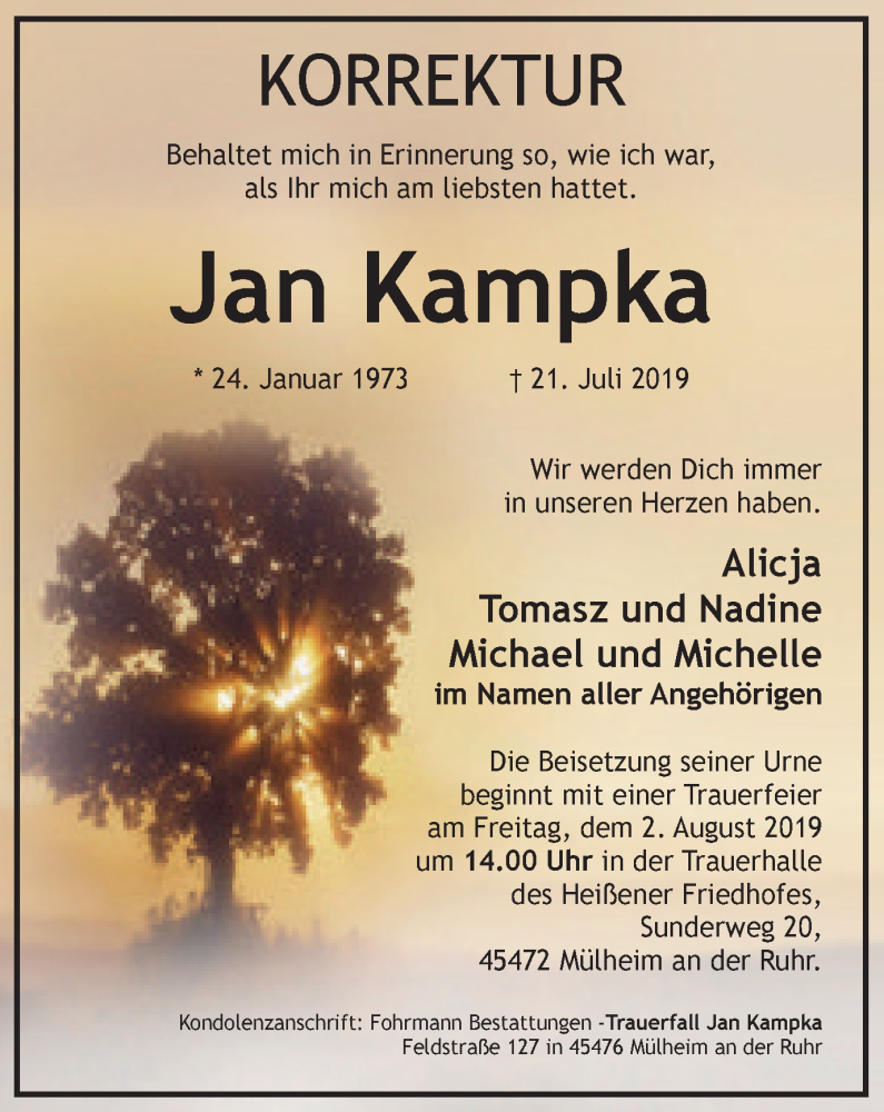  Traueranzeige für Jan Kampka vom 31.07.2019 aus Mülheimer Woche