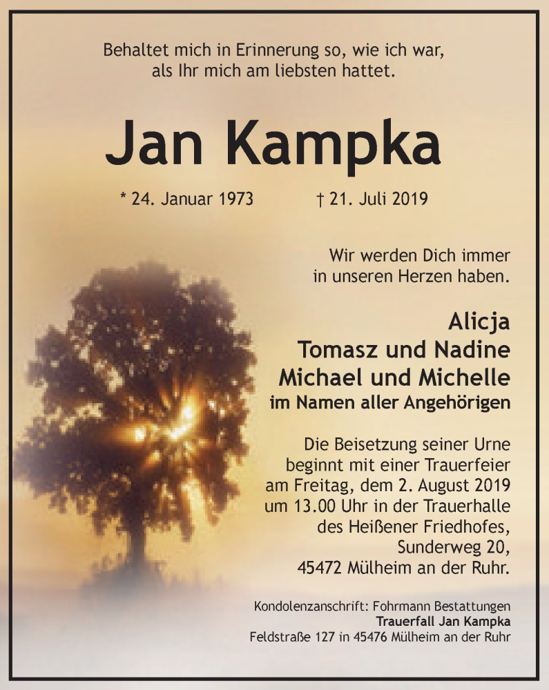  Traueranzeige für Jan Kampka vom 27.07.2019 aus Mülheimer Woche