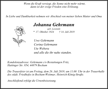 Traueranzeige von Johanna Gehrmann von Stadtspiegel Bochum