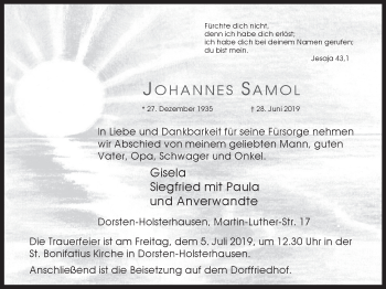 Traueranzeige von Johannes Samol von Stadtspiegel Haltern + Dorsten