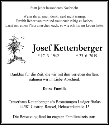 Traueranzeige von Josef Kettenberger von Stadtanz.Castrop-Rauxel