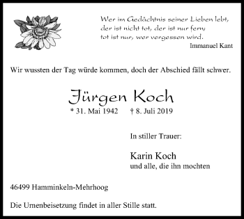 Traueranzeige von Jürgen Koch von Der Weseler + Der Xantener