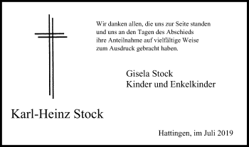 Traueranzeige von Karl-Heinz Stock von Stadtspiegel Hattingen/Niedersprockhövel