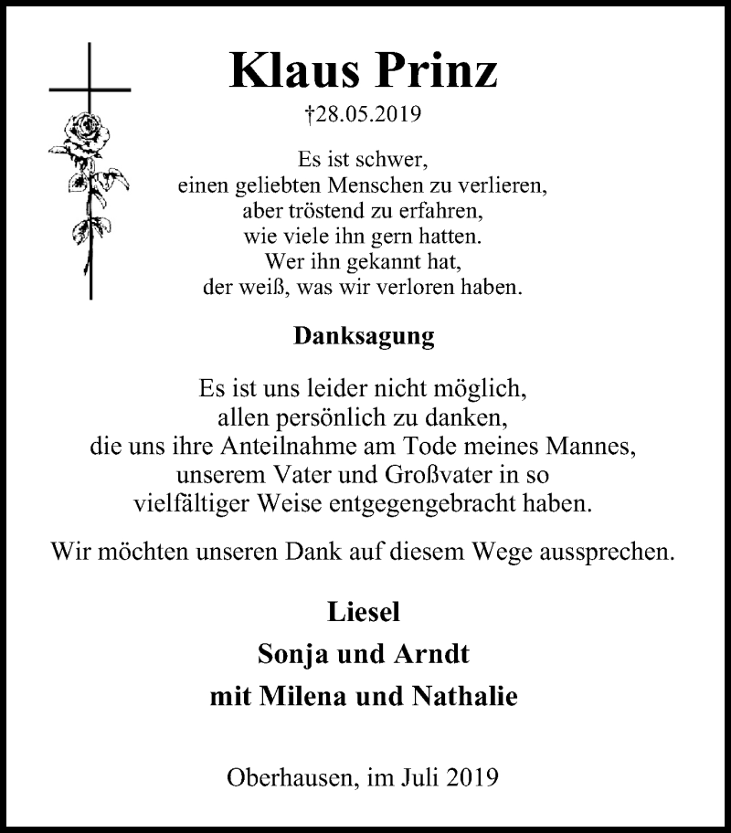  Traueranzeige für Klaus Prinz vom 20.07.2019 aus Wochen-Anzeiger Oberhausen
