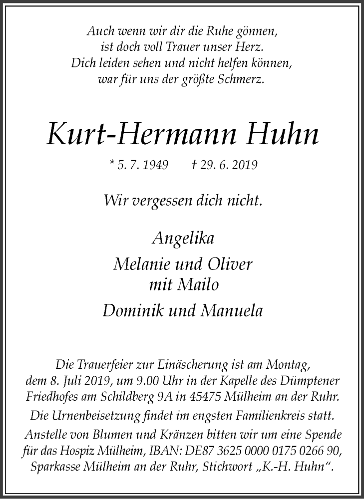  Traueranzeige für Kurt-Hermann Huhn vom 03.07.2019 aus Mülheimer Woche