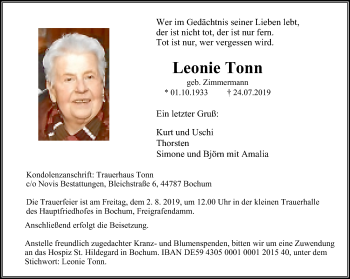 Traueranzeige von Leonie Tonn von Stadtspiegel Bochum