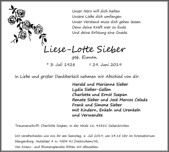 Traueranzeige von Liese-Lotte Sieber von Klever + Gocher Wochenblatt + Stadtanzeiger Emmerich