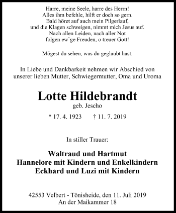 Traueranzeige von Lotte Hildebrandt von Stadtanzeiger Velbert + Heiligenhaus