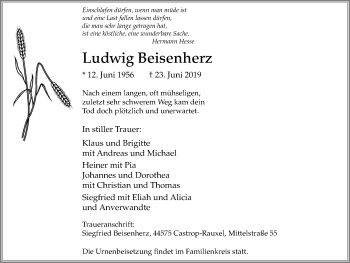Traueranzeige von Ludwig Beisenherz von Stadtanz.Castrop-Rauxel
