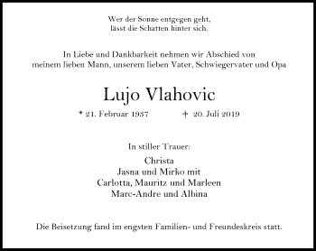 Traueranzeige von Lujo Vlahovic von Stadtanzeiger Velbert + Heiligenhaus