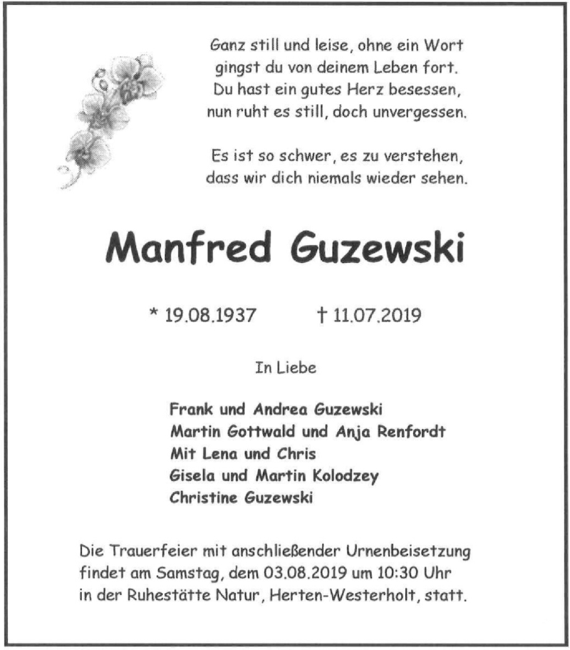  Traueranzeige für Manfred Guzewski vom 31.07.2019 aus Wochenblatt Herne/Wanne-Eickel