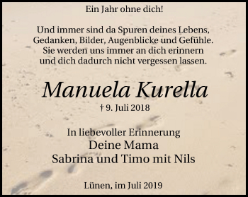 Traueranzeige von Manuela Kurella von Lüner Anzeiger
