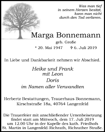 Traueranzeige von Marga Bonnemann von Wochen-Anzeiger Langenfeld/Monheim/Hilden