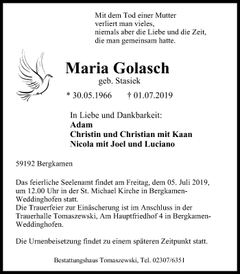 Traueranzeige von Maria Golasch von Stadtspiegel Kamen + Unna