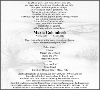 Traueranzeige von Maria Golombeck von Stadtspiegel Wattenscheid