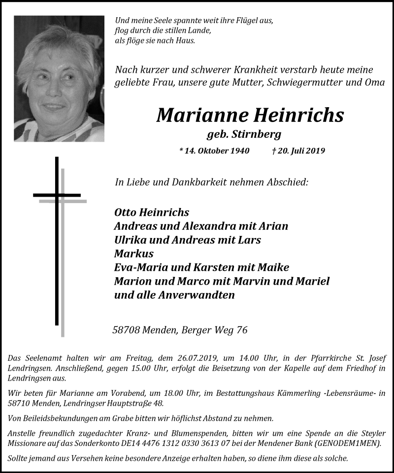  Traueranzeige für Marianne Heinrichs vom 24.07.2019 aus Stadtspiegel Menden + Froendenberg