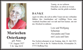Traueranzeige von Mariechen Osterkamp von Klever Wochenblatt
