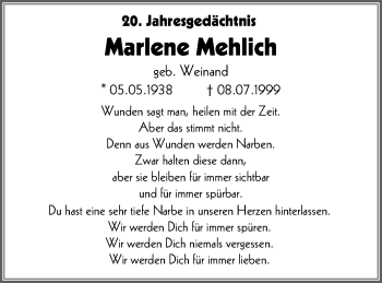 Traueranzeige von Marlene Mehlich von Wochen-Anzeiger Oberhausen
