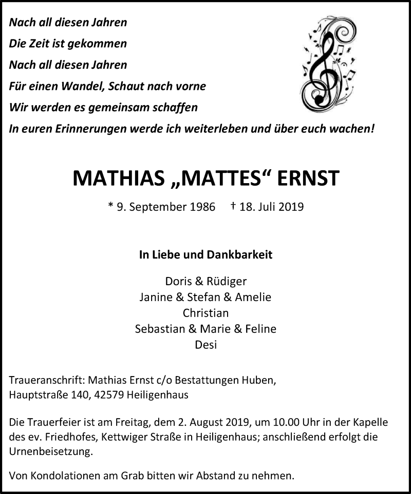  Traueranzeige für Matthias Ernst vom 27.07.2019 aus Stadtanzeiger Velbert + Heiligenhaus