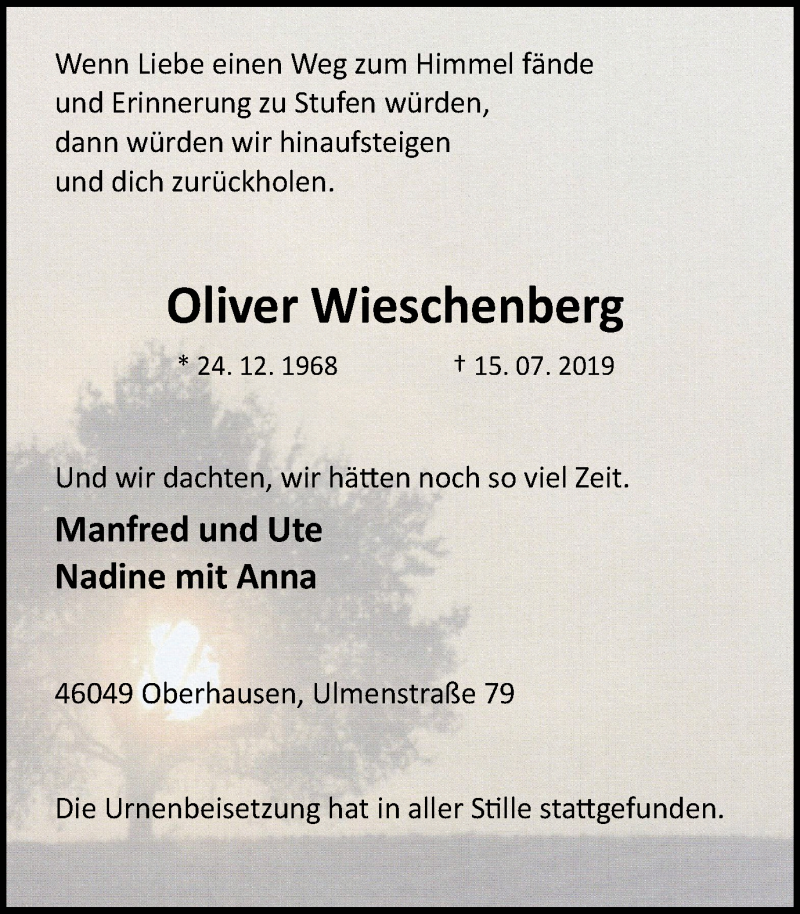  Traueranzeige für Oliver Wieschenberg vom 27.07.2019 aus Wochen-Anzeiger Oberhausen