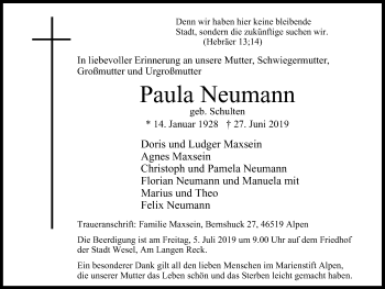 Traueranzeige von Paula Neumann von Der Weseler + Der Xantener