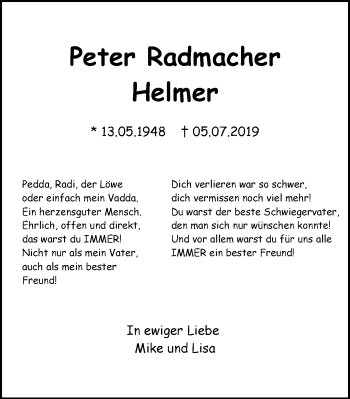 Traueranzeige von Peter Radmacher Helmer von Stadtanz.Castrop-Rauxel