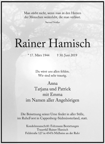 Traueranzeige von Rainer Hamisch von Mülheimer Woche