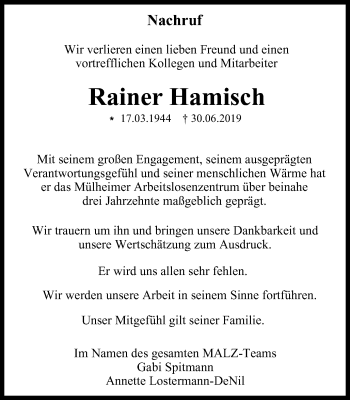 Traueranzeige von Rainer Hamisch von Mülheimer Woche
