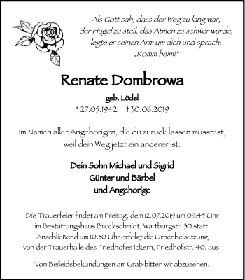 Traueranzeige von Renate Dombrowa von Stadtanz.Castrop-Rauxel