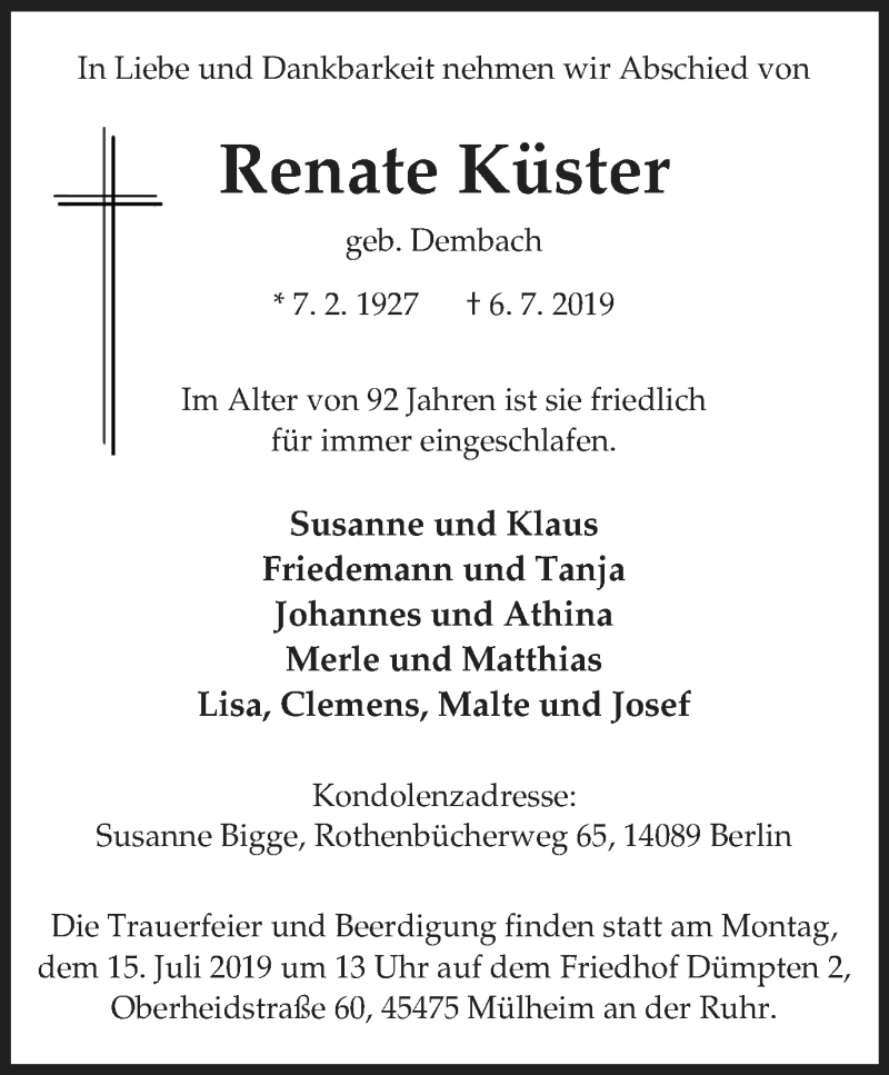  Traueranzeige für Renate Küster vom 13.07.2019 aus Mülheimer Woche