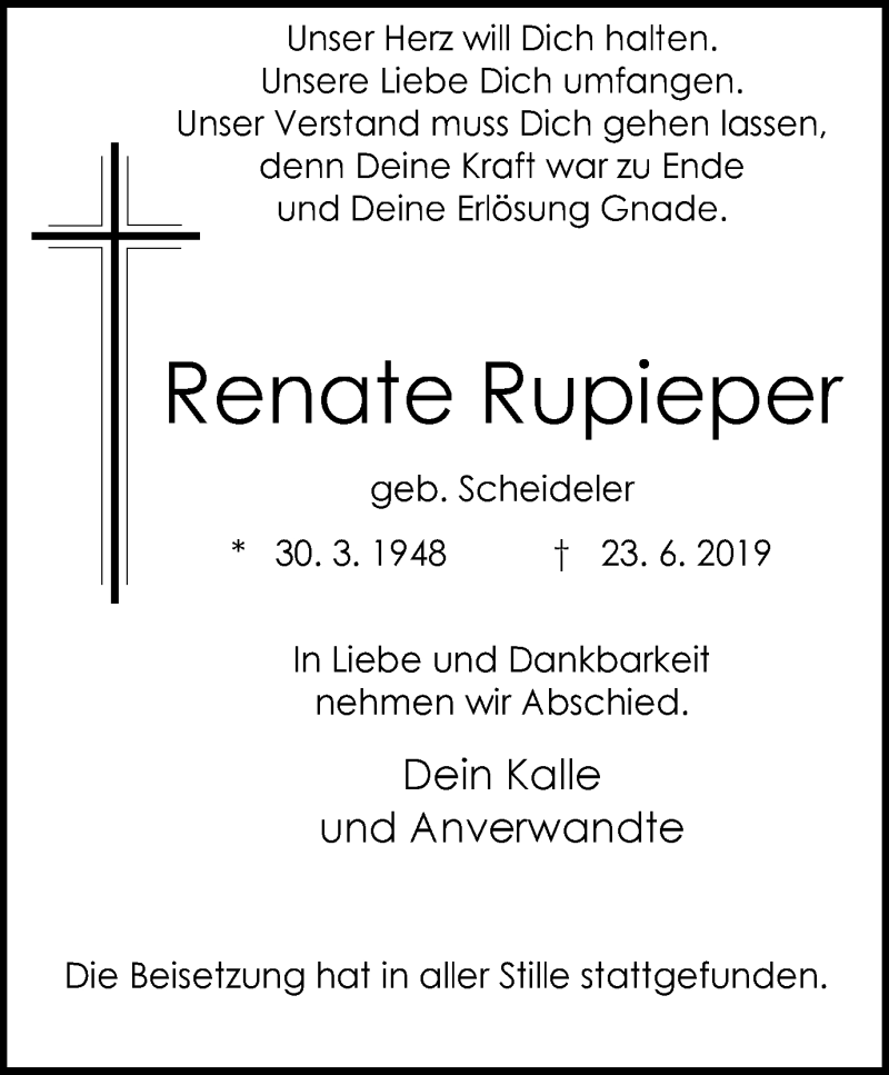 Traueranzeigen von Renate Rupieper TrauerinNRW.de