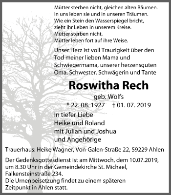 Traueranzeige von Roswitha Rech von Wochen-Anzeiger Oberhausen