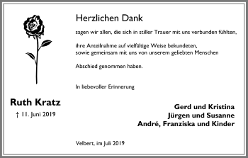 Traueranzeige von Ruth Kratz von Stadtanzeiger Velbert + Heiligenhaus
