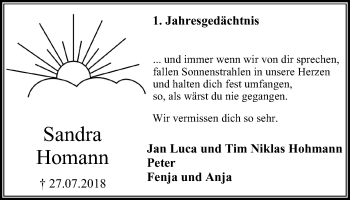 Traueranzeige von Sandra Homann von Stadtspiegel Gladbeck
