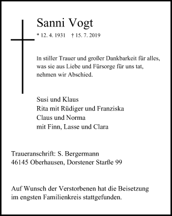 Traueranzeige von Sanni Vogt von Wochen-Anzeiger Oberhausen