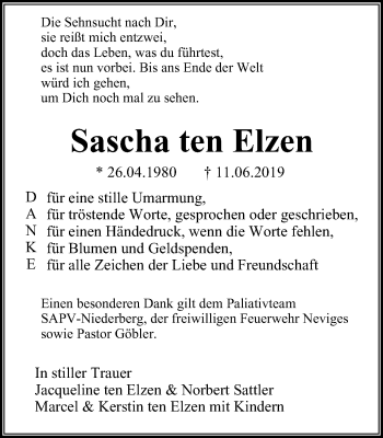 Traueranzeige von Sascha ten Elzen von Stadtanzeiger Velbert + Heiligenhaus