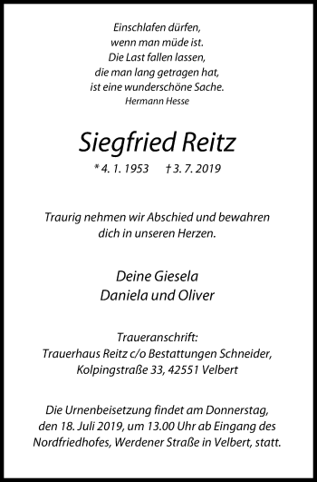Traueranzeige von Siegfried Reitz von Stadtanzeiger Velbert + Heiligenhaus
