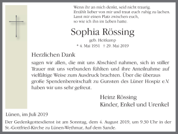 Traueranzeige von Sophia Rössing von Lüner Anzeiger