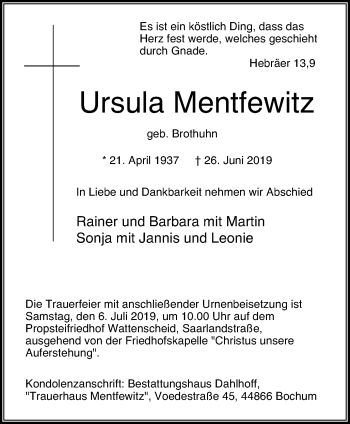 Traueranzeige von Ursula Mentfewitz von Stadtspiegel Wattenscheid
