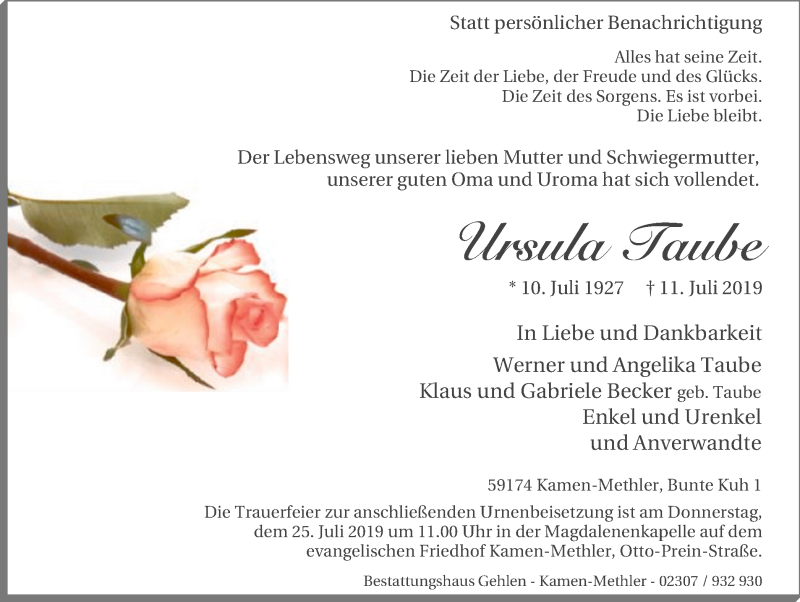  Traueranzeige für Ursula Taube vom 17.07.2019 aus Stadtspiegel Kamen + Unna