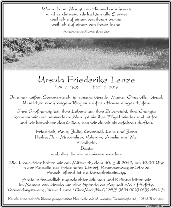 Traueranzeige von Ursula Friederike Lenze von WVW Anzeigenblätter