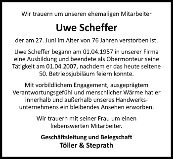 Traueranzeige von Uwe Scheffer von Wochen-Anzeiger Oberhausen